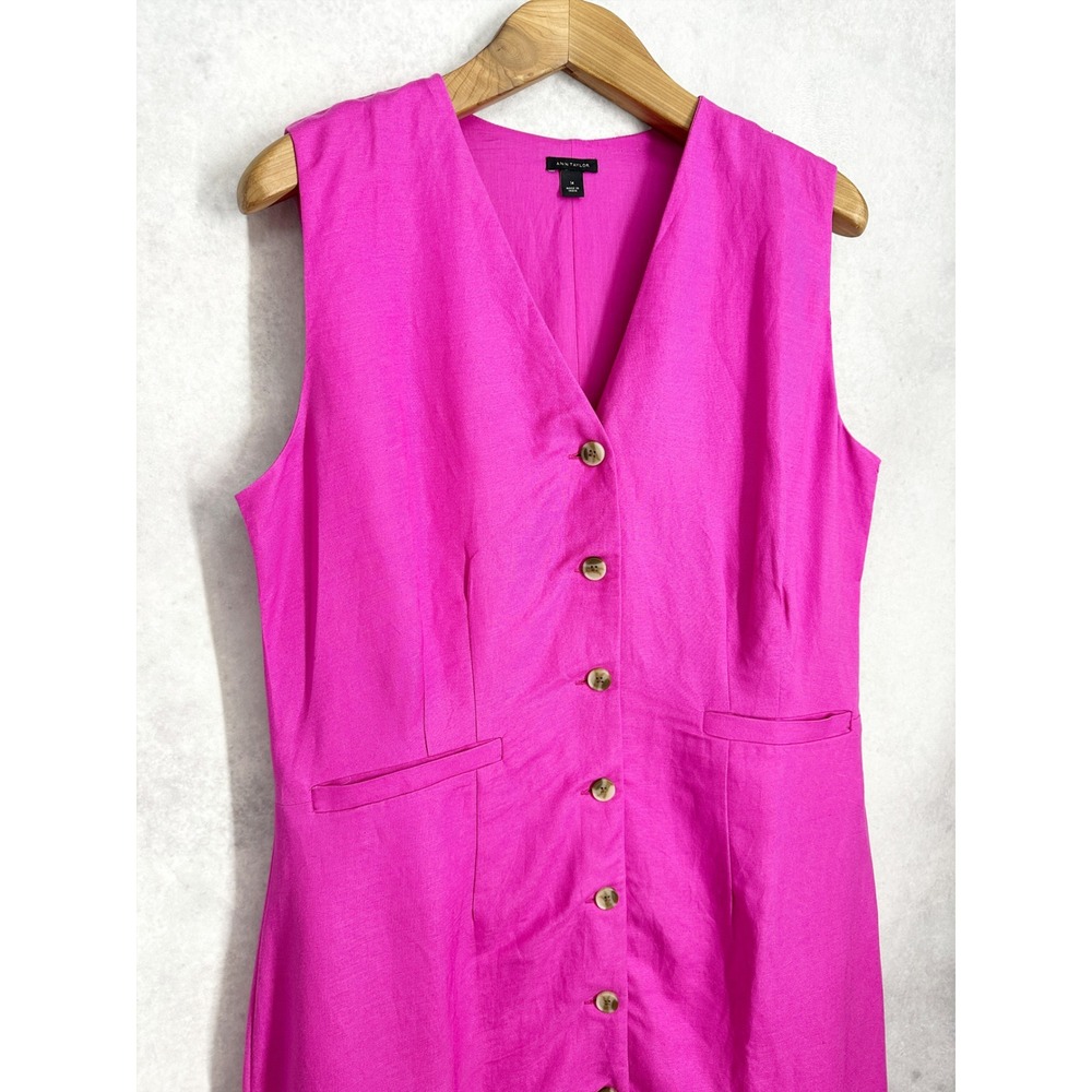 Ann Taylor Fuchsia Pink Linen Blend Button Front Sleeveless Midi Dress Size 14 - Picture 3 of 13